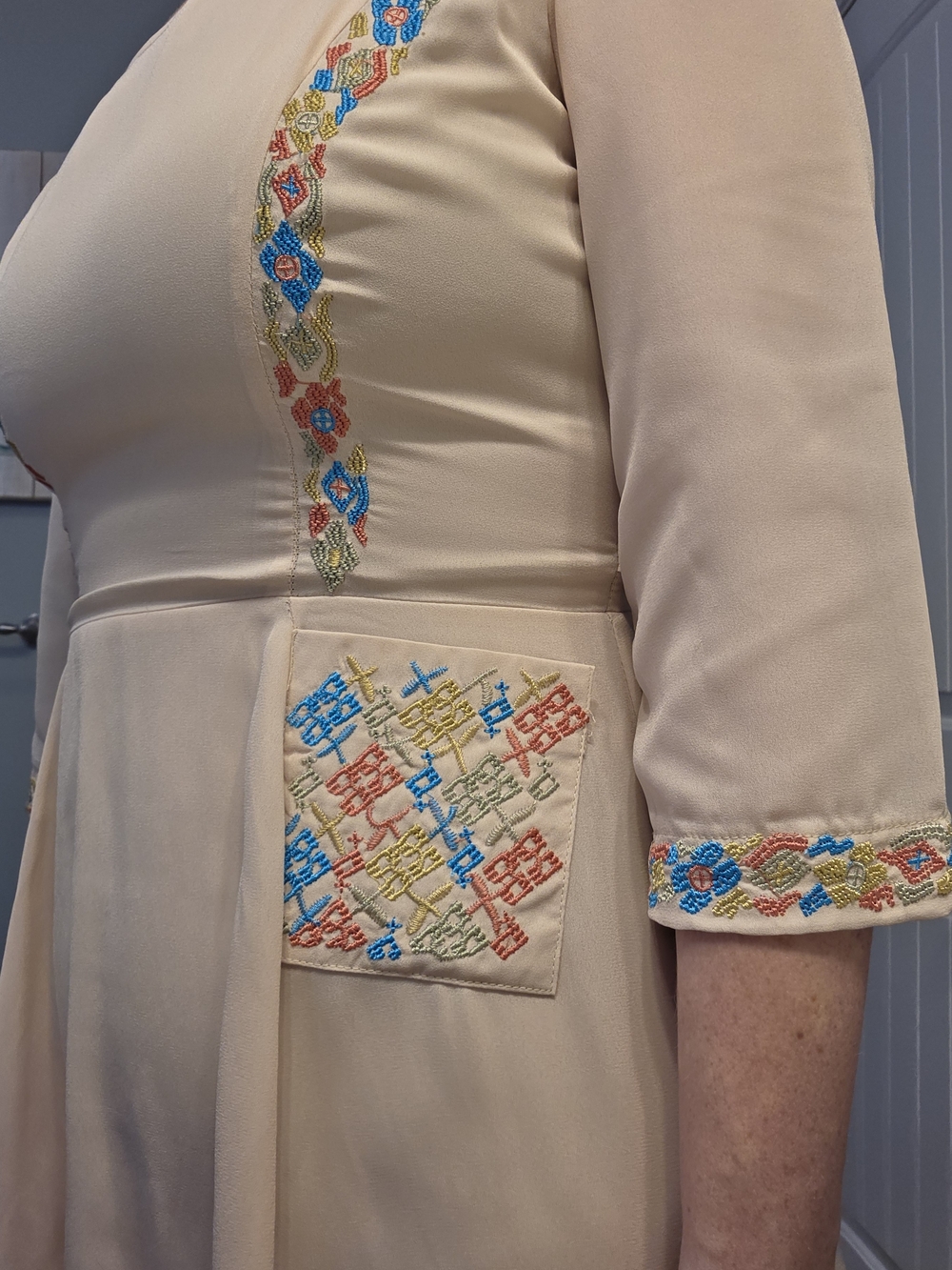 Cutie brand Beige Embroidered Pocket Dress